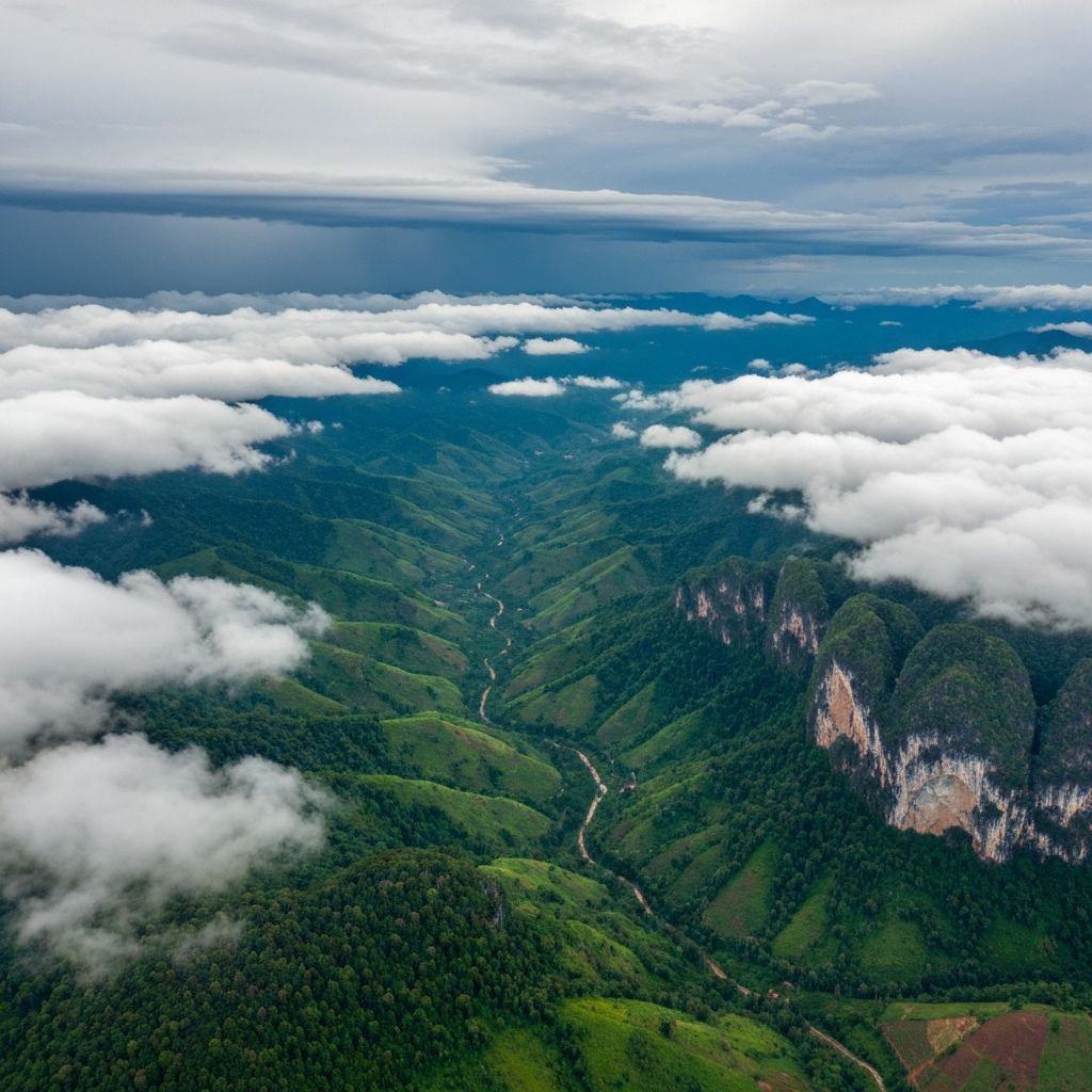Dramatyczne chmury monsunowe nad krajobrazem Laosu