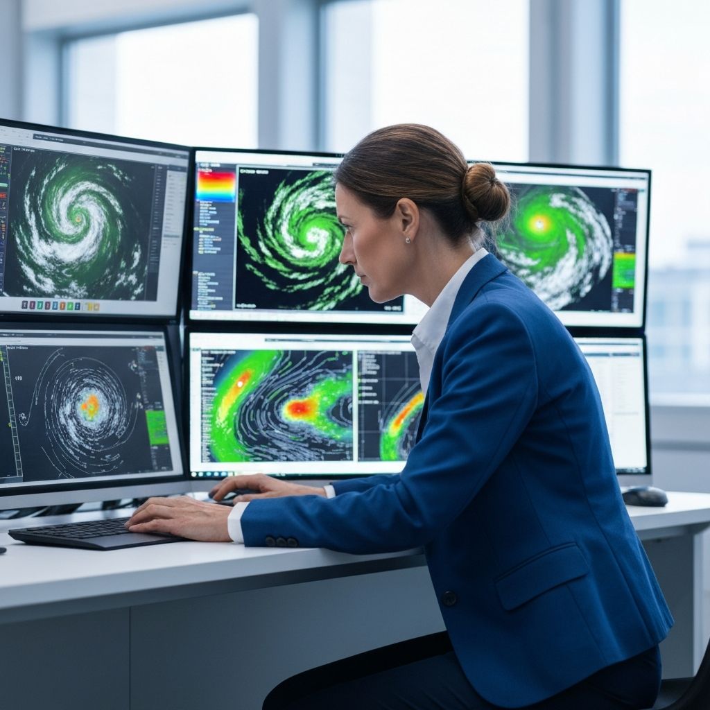 Meteorolog analizujący dane pogodowe na ekranach komputerowych